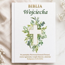 Personalizowana Biblia na Komunię - krzyż w zielonym wianku
