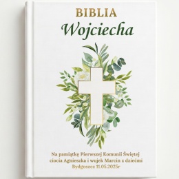 Personalizowana Biblia na Komunię - krzyż w zielonym wianku