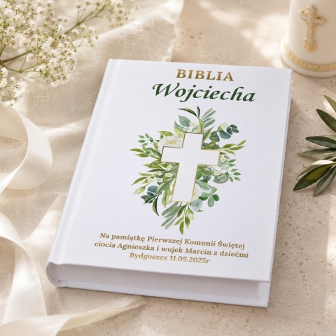 Personalizowana Biblia na Komunię - krzyż w zielonym wianku