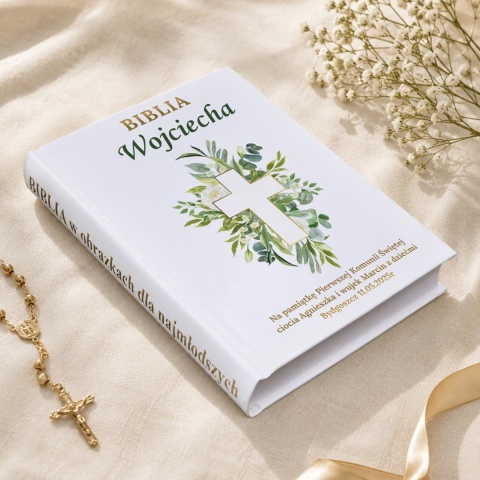 Personalizowana Biblia na Komunię - krzyż w zielonym wianku