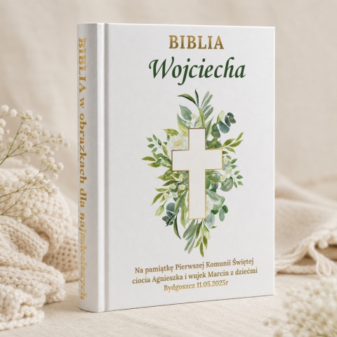 Personalizowana Biblia na Komunię - krzyż w zielonym wianku