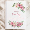 Personalizowana Biblia na Komunię - różowe kwiaty i zielone listki