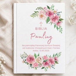 Personalizowana Biblia na Komunię - różowe kwiaty i zielone listki