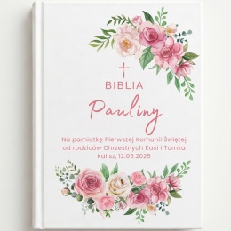 Personalizowana Biblia na Komunię - różowe kwiaty i zielone listki