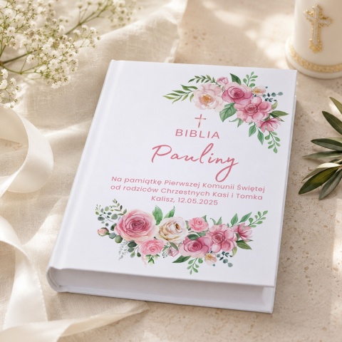 Personalizowana Biblia na Komunię - różowe kwiaty i zielone listki