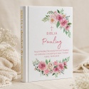 Personalizowana Biblia na Komunię - różowe kwiaty i zielone listki