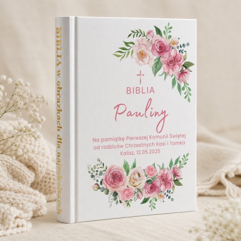 Personalizowana Biblia na Komunię - różowe kwiaty i zielone listki