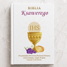 Personalizowana Biblia na Komunię z nadrukiem UV - kielich i winogrona