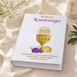 Personalizowana Biblia na Komunię z nadrukiem UV - kielich i winogrona