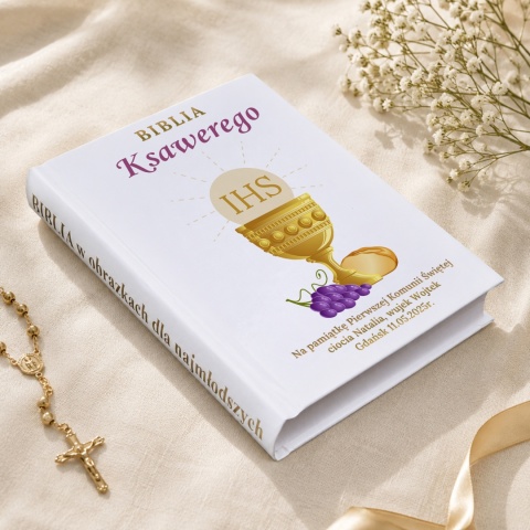 Personalizowana Biblia na Komunię z nadrukiem UV - kielich i winogrona