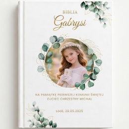 Personalizowana Biblia na Komunię ze zdjęciem dziecka - wianek zieleni