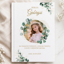 Personalizowana Biblia na Komunię ze zdjęciem dziecka - wianek zieleni