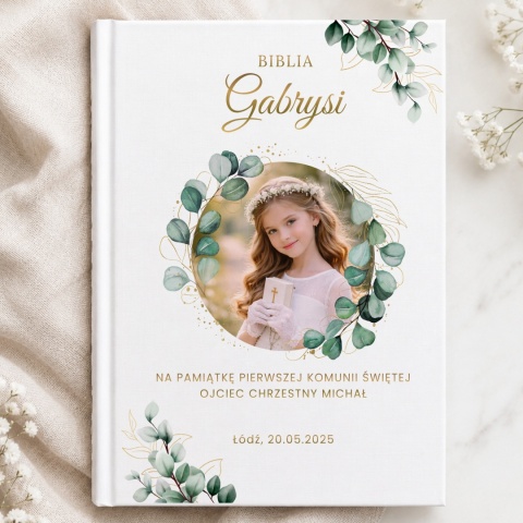 Personalizowana Biblia na Komunię ze zdjęciem dziecka - wianek zieleni