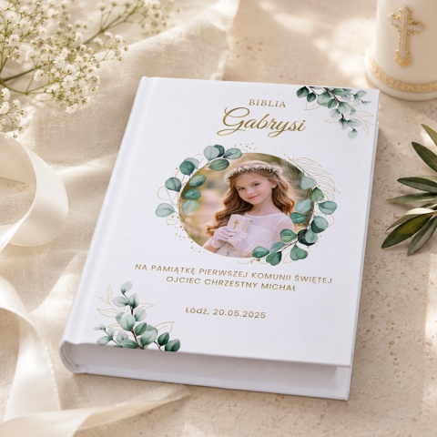 Personalizowana Biblia na Komunię ze zdjęciem dziecka - wianek zieleni