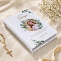 Personalizowana Biblia na Komunię ze zdjęciem dziecka - wianek zieleni