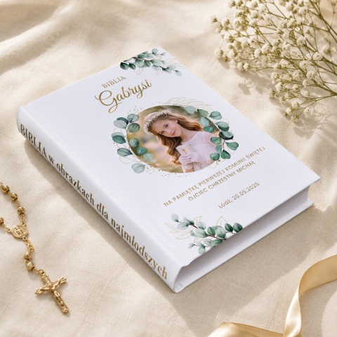 Personalizowana Biblia na Komunię ze zdjęciem dziecka - wianek zieleni