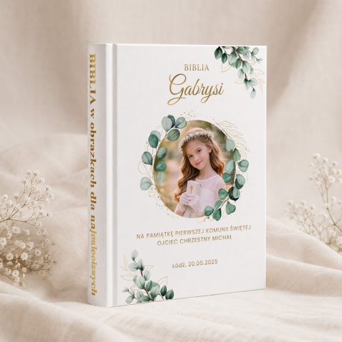 Personalizowana Biblia na Komunię ze zdjęciem dziecka - wianek zieleni