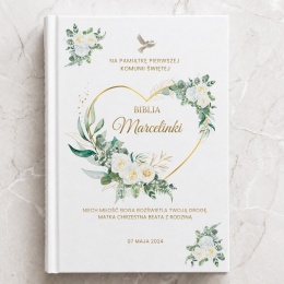 Personalizowana Biblia na Pierwszą Komunię - złote serce i gołębica