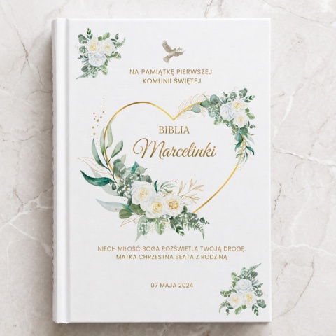 Personalizowana Biblia na Pierwszą Komunię - złote serce i gołębica