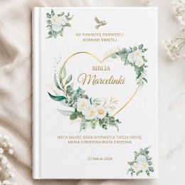 Personalizowana Biblia na Pierwszą Komunię - złote serce i gołębica