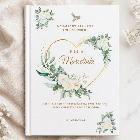 Personalizowana Biblia na Pierwszą Komunię - złote serce i gołębica