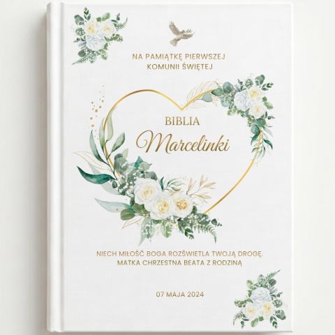 Personalizowana Biblia na Pierwszą Komunię - złote serce i gołębica