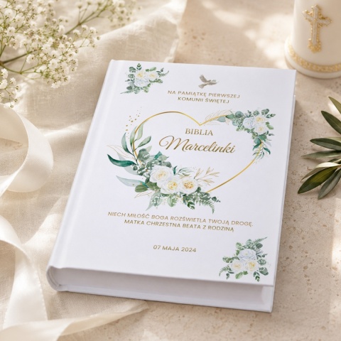 Personalizowana Biblia na Pierwszą Komunię - złote serce i gołębica