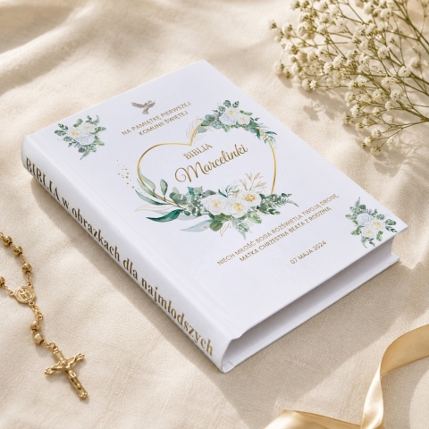 Personalizowana Biblia na Pierwszą Komunię - złote serce i gołębica