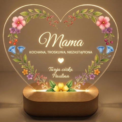 Personalizowana lampka LED dla mamy serce z nadrukiem - prezent na Dzień Matki
