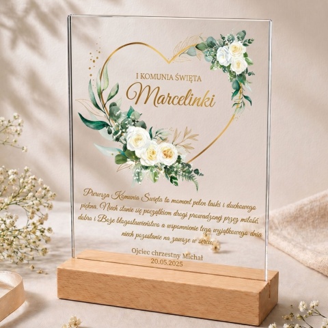 Statuetka na Komunię Świętą – Różane Serce z personalizacją
