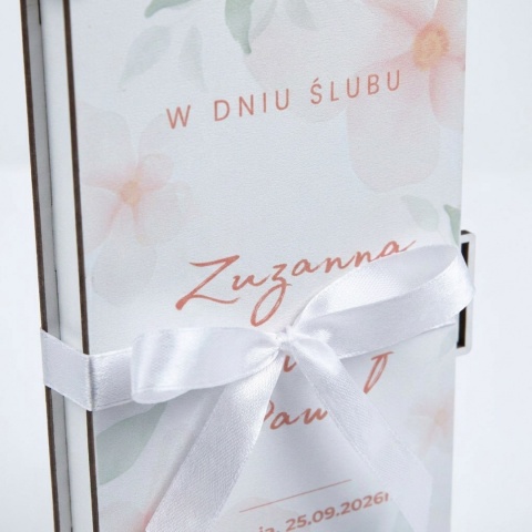 Personalizowane pudełko na pieniądze na ślub z kwiatowym motywem