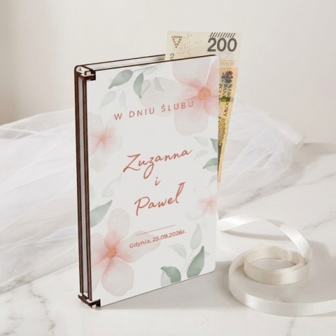 Personalizowane pudełko na pieniądze na ślub z kwiatowym motywem