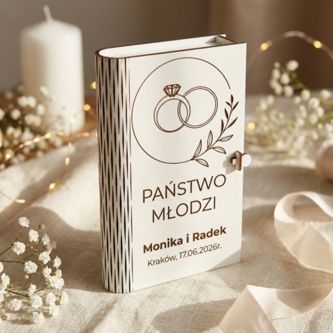 Pudełko harmonijka na pieniądze z grawerem na ślub obrączki