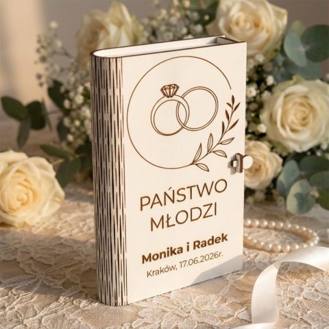 Pudełko harmonijka na pieniądze z grawerem na ślub obrączki