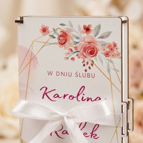 Pudełko na pieniądze na ślub z nadrukiem kwiatowym i geometryczną ramką