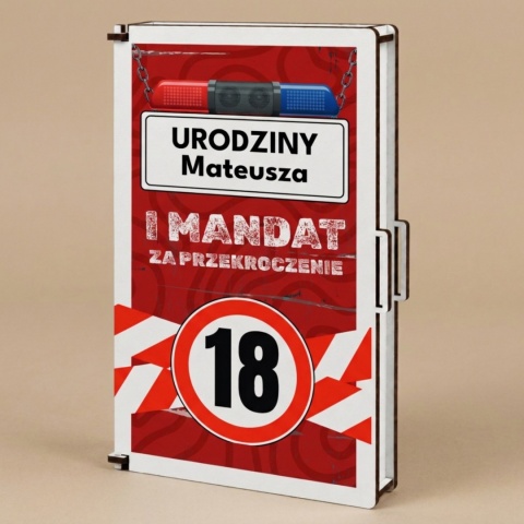 Pudełko na pieniądze pamiątka na 18 urodziny ze śmiesznym mandatem