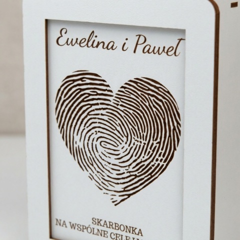 Skarbonka personalizowana na ślub serce z odcisków palców biała HDF