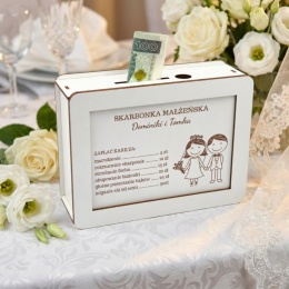 Ślubna skarbonka personalizowana z zabawnym cennikiem małżeńskim