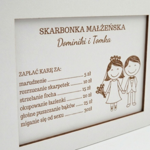 Ślubna skarbonka personalizowana z zabawnym cennikiem małżeńskim
