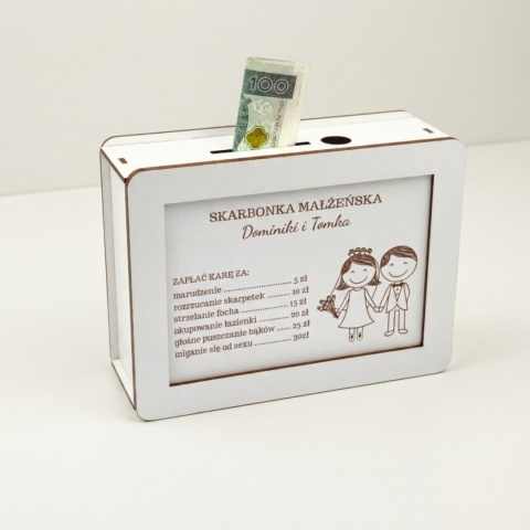 Ślubna skarbonka personalizowana z zabawnym cennikiem małżeńskim