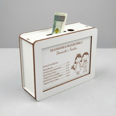 Ślubna skarbonka personalizowana z zabawnym cennikiem małżeńskim