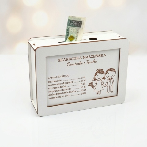Ślubna skarbonka personalizowana z zabawnym cennikiem małżeńskim