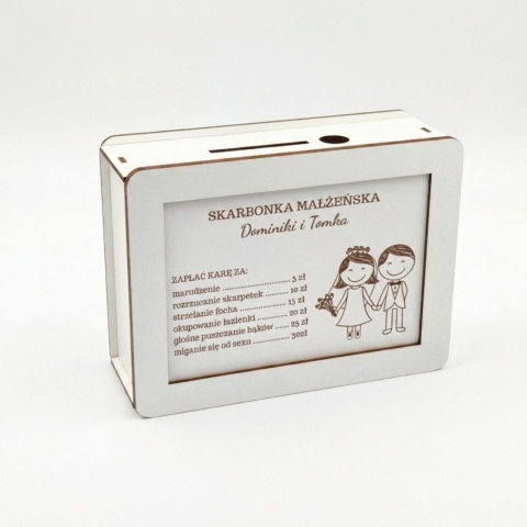 Ślubna skarbonka personalizowana z zabawnym cennikiem małżeńskim