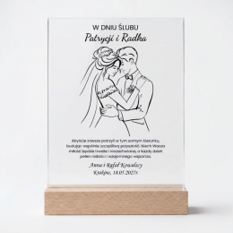 Statuetka akrylowa na ślub z minimalistyczną grafiką pary młodej