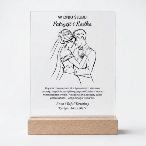 Statuetka akrylowa na ślub z minimalistyczną grafiką pary młodej