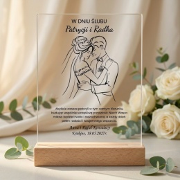 Statuetka akrylowa na ślub z minimalistyczną grafiką pary młodej