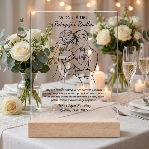 Statuetka akrylowa na ślub z minimalistyczną grafiką pary młodej