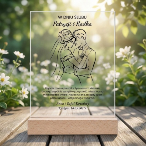Statuetka akrylowa na ślub z minimalistyczną grafiką pary młodej