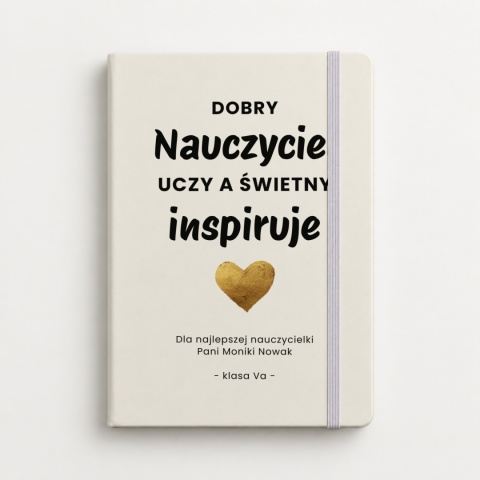 Biały notes A5 ze złotym sercem jako pamiątkowy podarunek od przedszkolaka na Dzień Nauczyciela