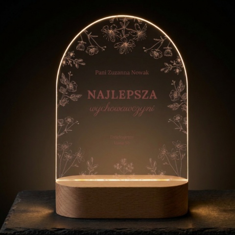 Owalna lampka ze szkła akrylowego z botanicznym motywem - elegancki podarunek od przedszkolaka na Dzień Nauczyciela
